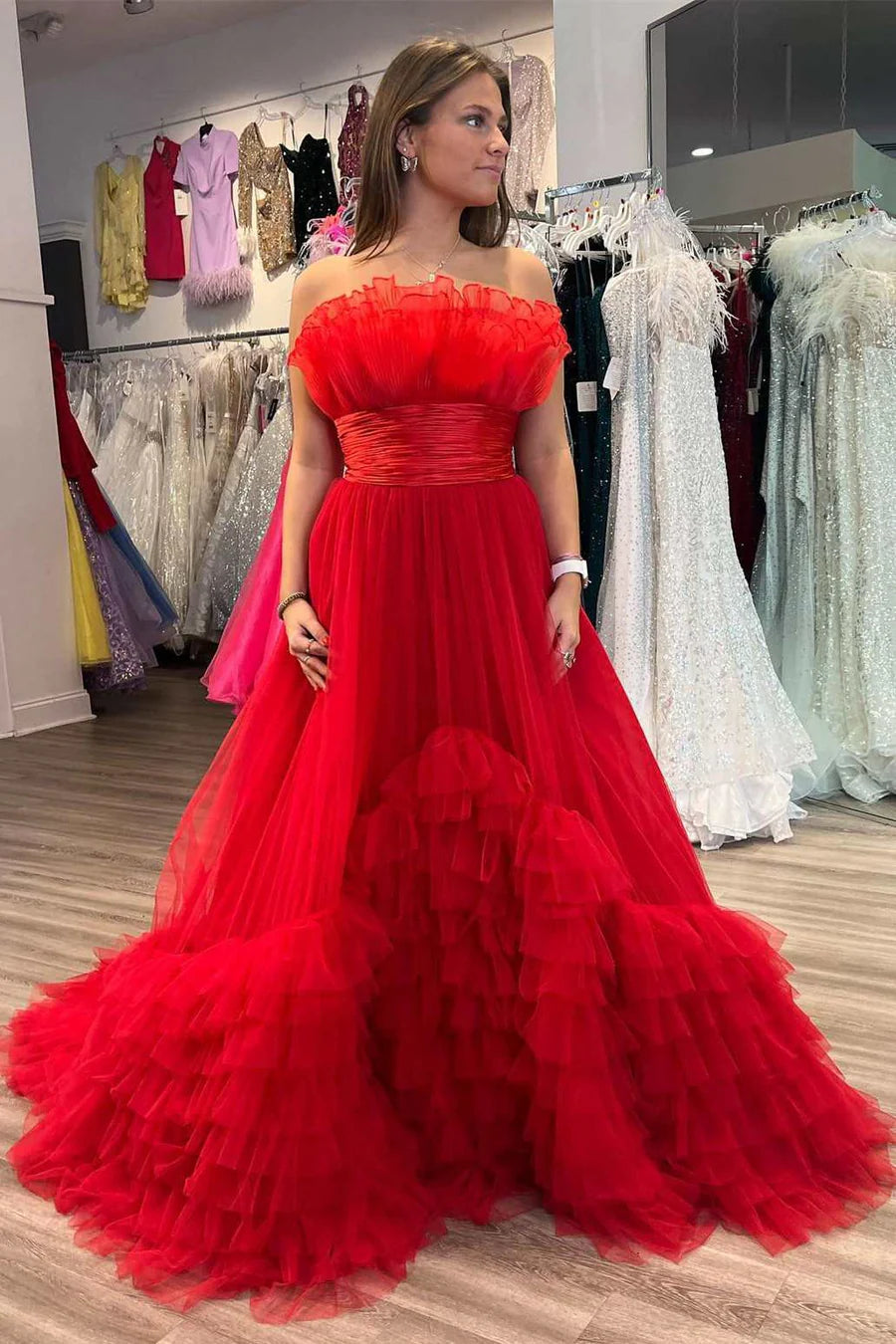 Organza Strapless Belted A-Line Tiered Prom Dress with Ruffles