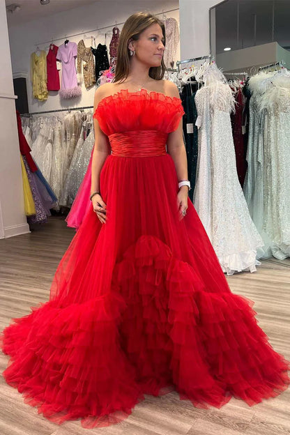 Organza Strapless Belted A-Line Tiered Prom Dress with Ruffles