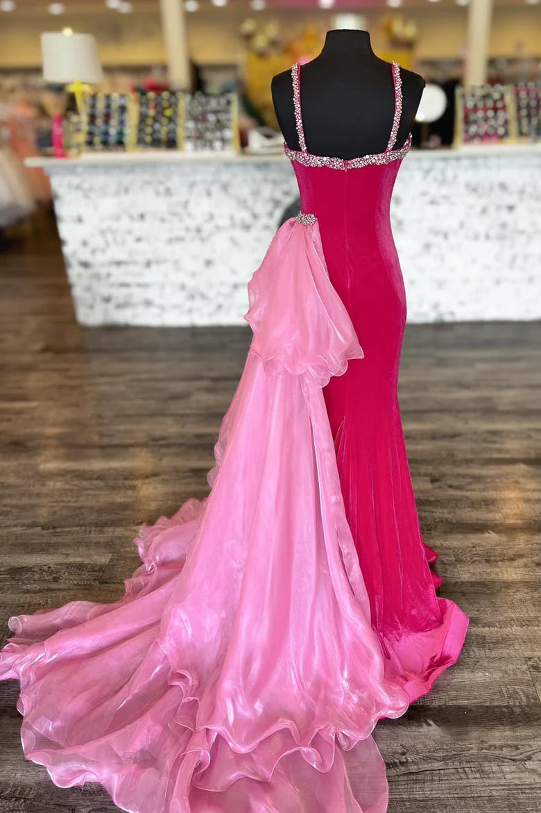 Velvet Plunge V Beaded Prom Dress with Attached Train