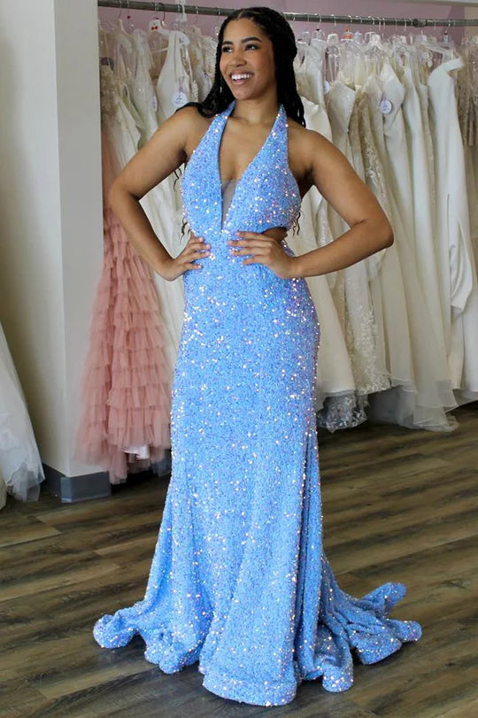 Sequin Halter Trumpet Long Prom Dress
