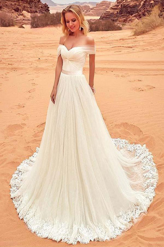Tulle Off-the-shoulder Neckline Wedding Dress With Lace Appliques