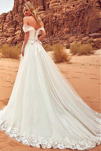 Tulle Off-the-shoulder Neckline Wedding Dress With Lace Appliques