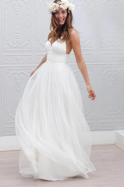 Simple V-neck Floor-Length Wedding Dress With Ruched Sash