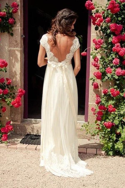 V-neck Cap Sleeves Sweep Train Backless Wedding Dress With Sash