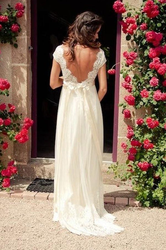 V-neck Cap Sleeves Sweep Train Backless Wedding Dress With Sash