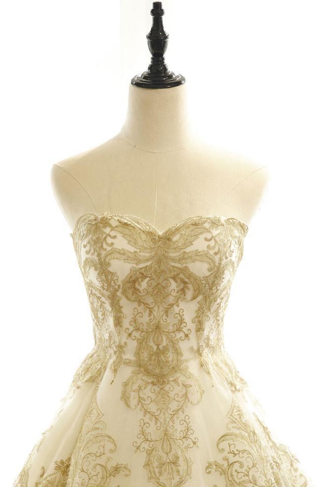 Wedding Dresses Ivory Gold Appliques Sweep/Brush Train Bridal Gown