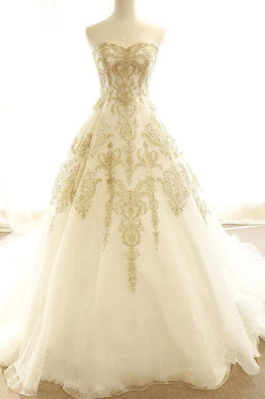 Wedding Dresses Ivory Gold Appliques Sweep/Brush Train Bridal Gown
