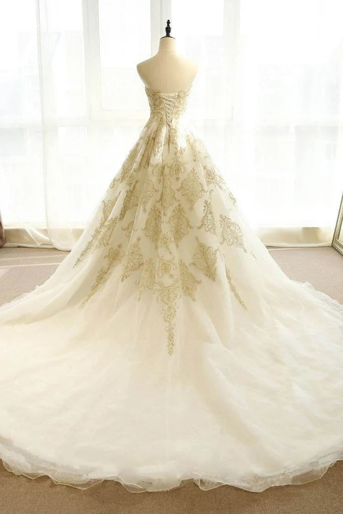 Wedding Dresses Ivory Gold Appliques Sweep/Brush Train Bridal Gown