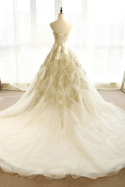 Wedding Dresses Ivory Gold Appliques Sweep/Brush Train Bridal Gown