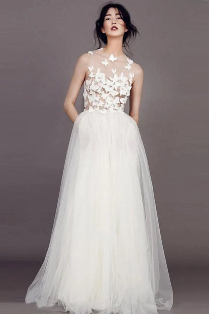 Wedding Dresses Scoop A-line Butterfly Appliques Tulle Ivory Bridal Gown