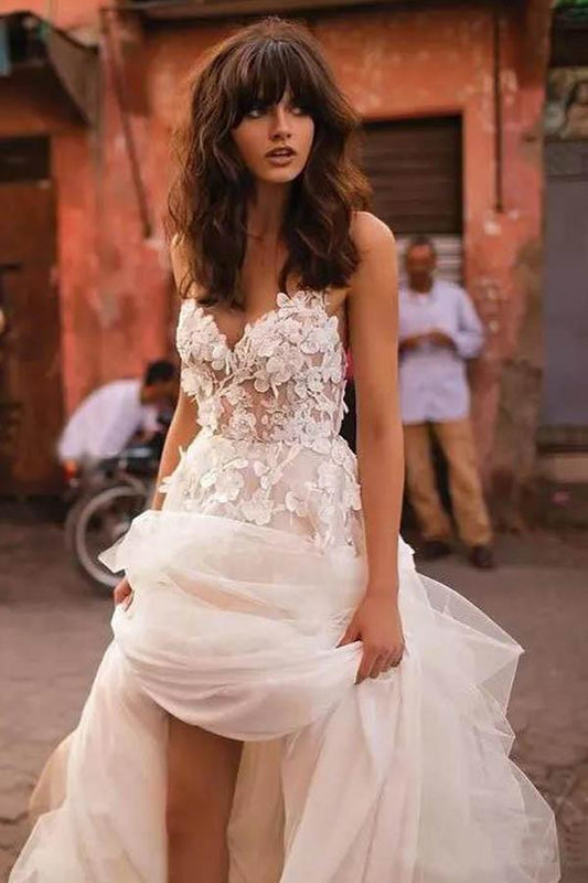 Wedding Dresses Straps A-line Backless Brush Train Tulle Long Bridal Gown