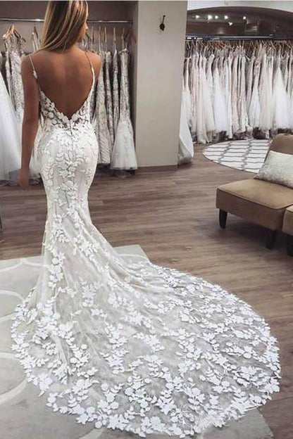 Mermaid Straps Open Back Lace Wedding Dresses