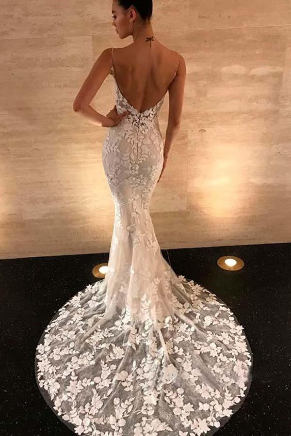 Mermaid Straps Open Back Lace Wedding Dresses