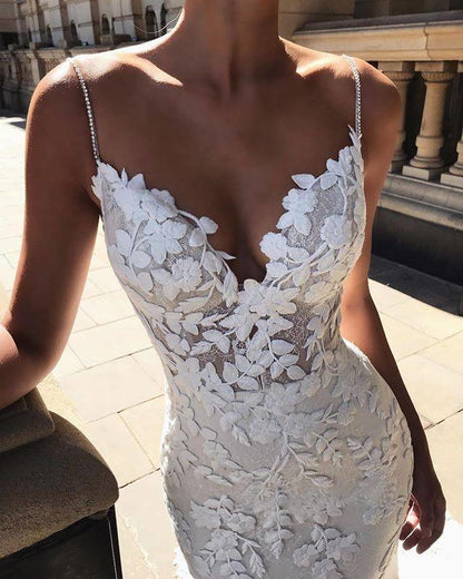 Mermaid Straps Open Back Lace Wedding Dresses