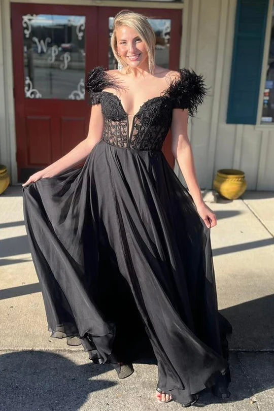 Applique Feather Off-the-Shoulder A-Line Long Prom Dress