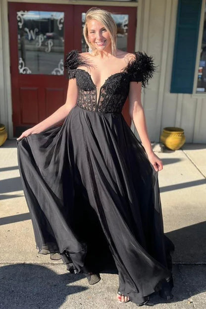 Applique Feather Off-the-Shoulder A-Line Long Prom Dress