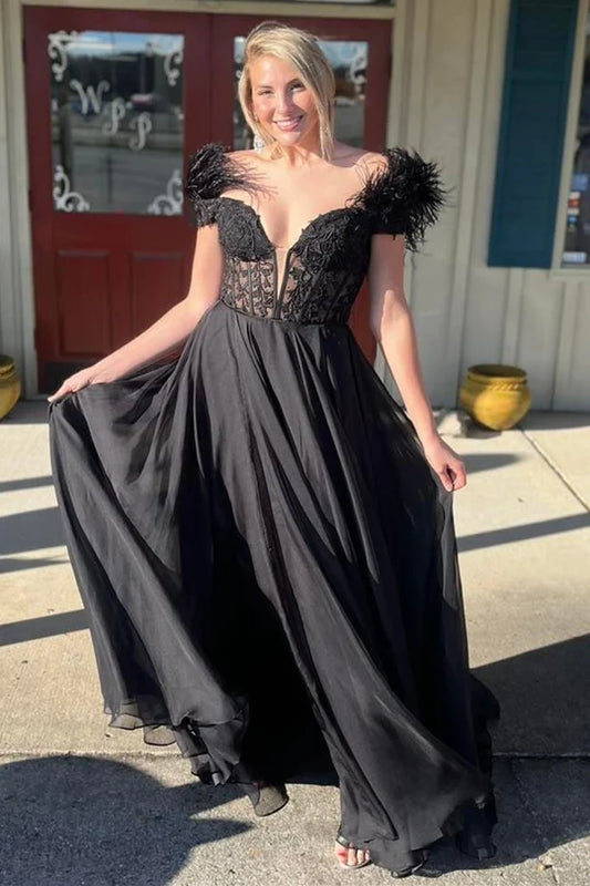 Applique Feather Off-the-Shoulder A-Line Long Prom Dress