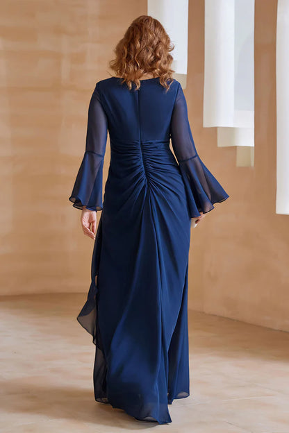 Fall Wedding Guest Dress November Mother of the Bride Dress Wrinkle V Neck Long Sleeves Chiffon Fashion Dress