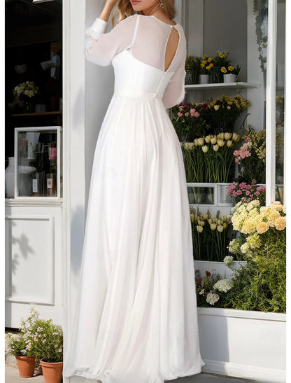 Fall November December Wedding Dresses A-Line V Neck Long Sleeve Floor Length Chiffon Simple Elegant Ruched Split Fork Simple Bridal Gowns