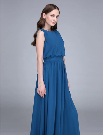 Sheath / Column Bridesmaid Dress Jewel Neck Sleeveless Floor Length Chiffon with Sash / Ribbon