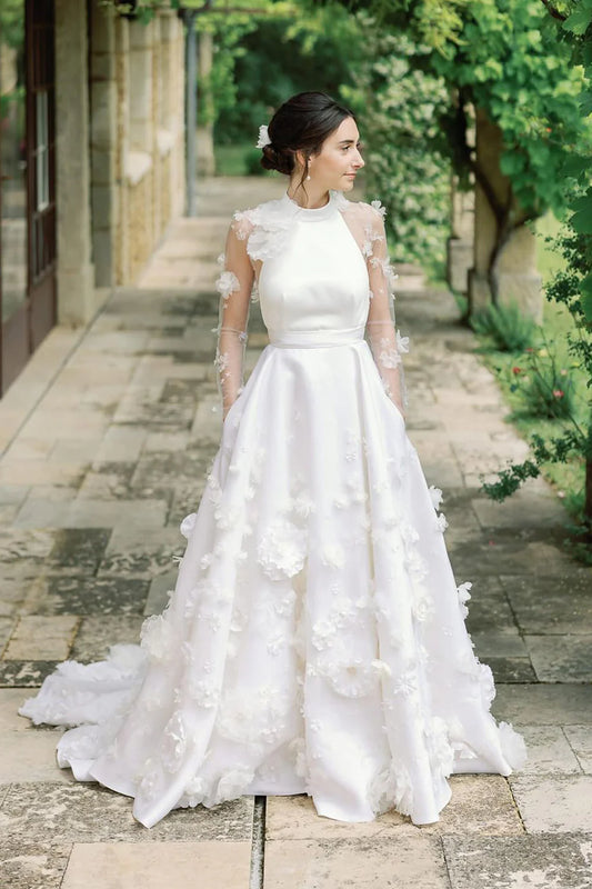 Fairy Ball Gown Satin Round Neck Tulle Back Buckle Wedding Dresses with 3D Flowers
