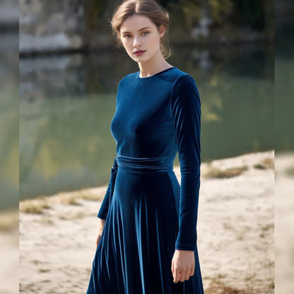 Autumn winter fashion long sleeves crew neck lace up velvet dress below knee length simple bridesmaid dress