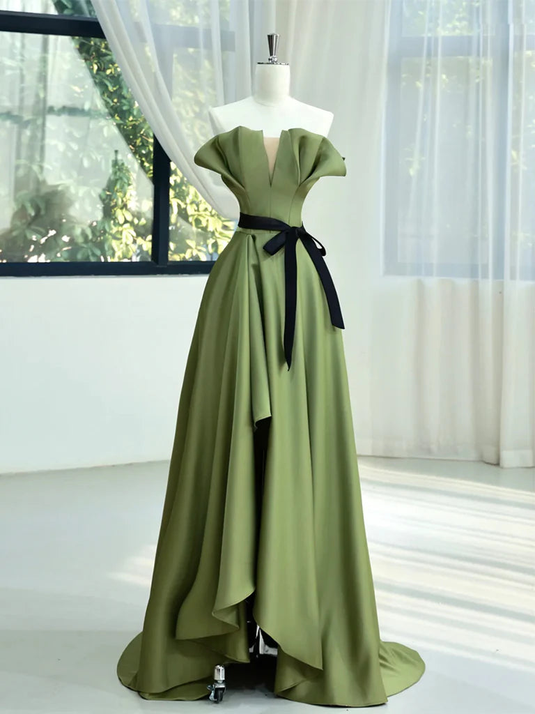 Sweet A-Line Satin Green Long Irregular Lace up Elegant Prom Dress