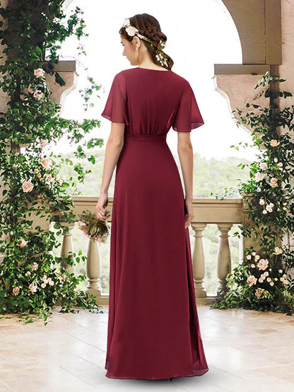 A-Line Bridesmaid Dress V Neck Short Sleeve Elegant Asymmetrical / Floor Length Chiffon with Pleats