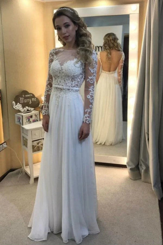 Chiffon Long Sleeve Backless Appliques Wedding Dress