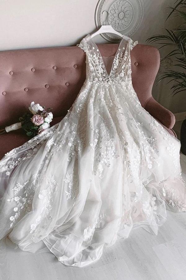 Tulle V Neck Open Back Long Flower Wedding Dresses