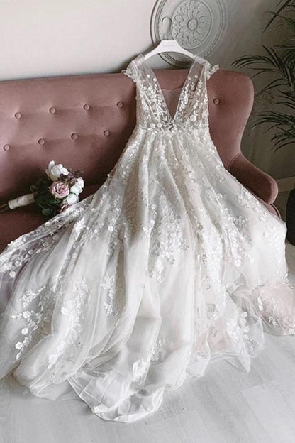 Tulle V Neck Open Back Long Flower Wedding Dresses