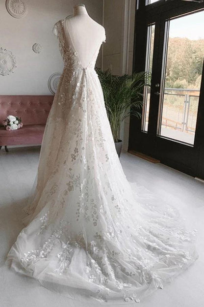 Tulle V Neck Open Back Long Flower Wedding Dresses