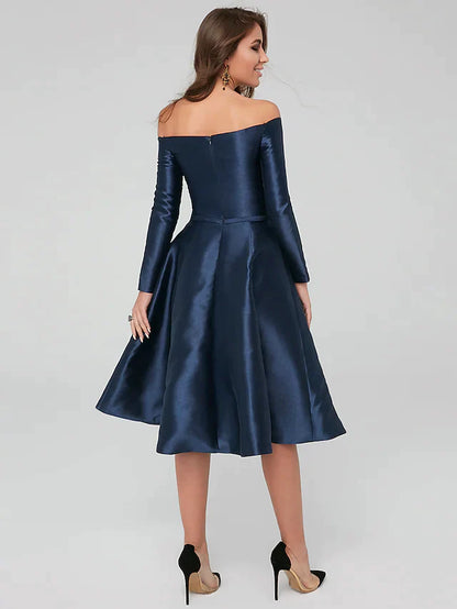 A-Line Special Occasion Dresses Party Dress Wedding Guest Knee Length Long Sleeve Off Shoulder Satin with Pleats