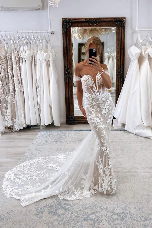 Elegant Mermaid Plunge V Off the Shoulder Back Buckle Wedding Dresses with Appliques