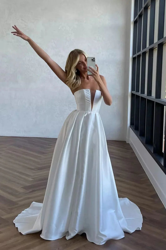 Fashion Simple A Line V Neck Off-the-Shoulder Twill Satin Wedding Dresses with Slit