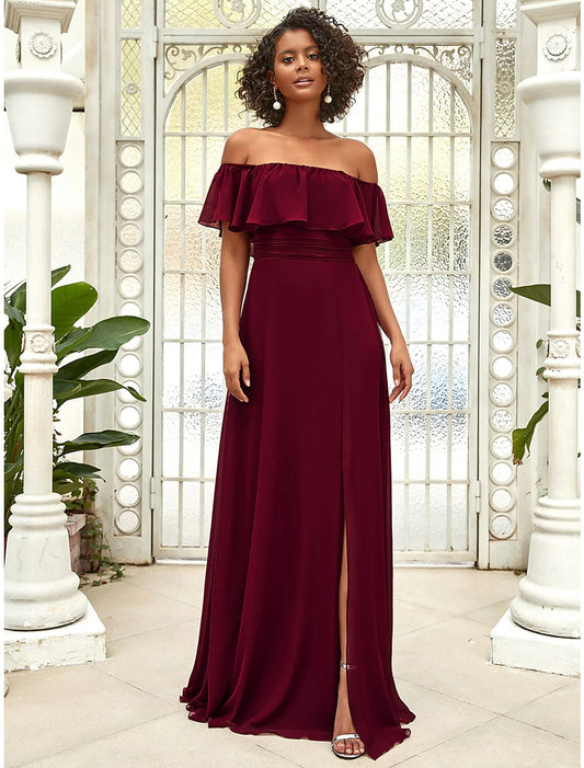 A-Line Bridesmaid Dress Off Shoulder Sleeveless Elegant Floor Length Chiffon with Ruffles / Draping Slit Front