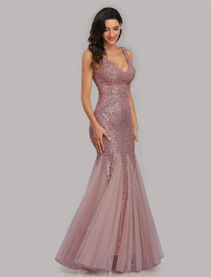 Sheath Mermaid Sleek Glitter Sparking Sequins Evening Dress Sleeveless Wedding Guest Gown  Floor Length  V Neck Prom Dress