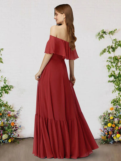 A-Line Bridesmaid Dress Off Shoulder Sleeveless Elegant Floor Length Chiffon with Ruffles