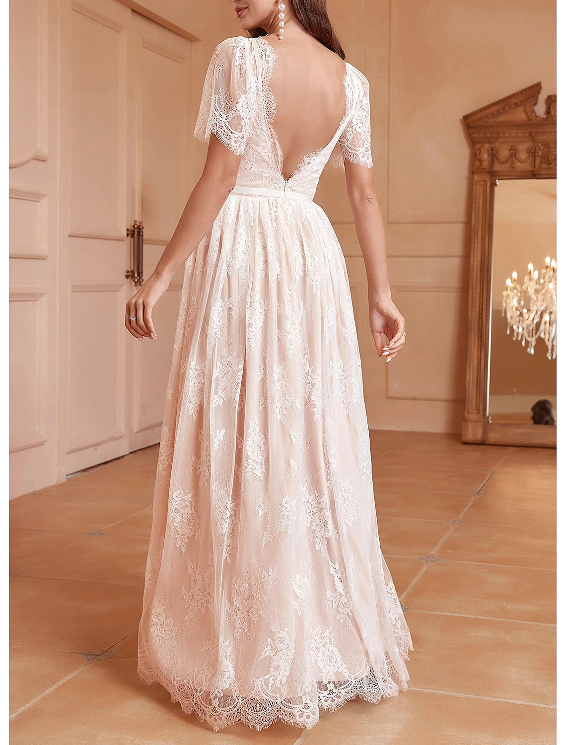 Fall November December Wedding Dresses A-Line V Neck Short Sleeve Floor Length Lace Pleats Sweet Elegant Bridal Gowns