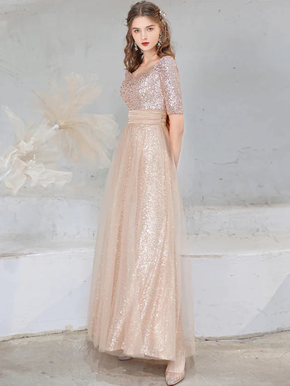 A-Line Evening Gown Sparkle Dress Wedding Guest Floor Length Half Sleeve V Neck Sequined with Bow(s) Sequin