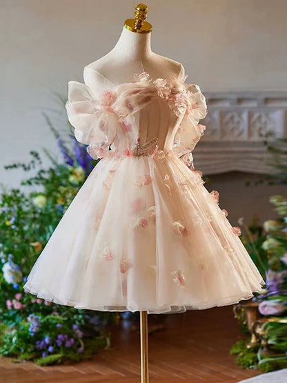 Sweet A-Line Off Shoulder Tulle Short Unique Three dimensional flowers Decorate Prom Dress lovely Homecoming Dress