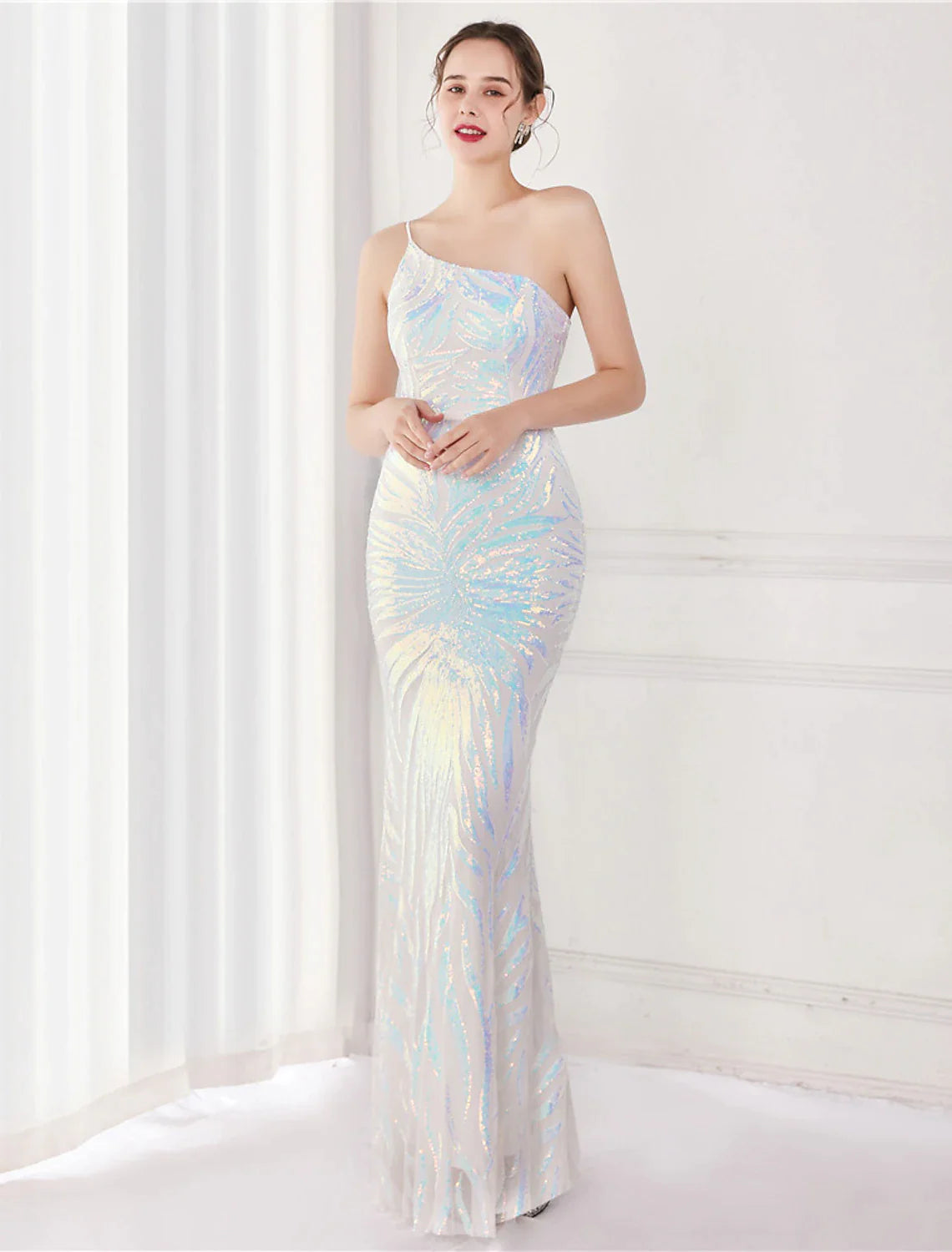 Mermaid / Trumpet Evening Gown Sparkle & Shine Dress Formal Floor Length Sleeveless One Shoulder Sequined with Sequin