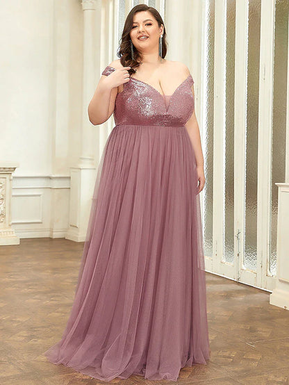 Bridesmaid Dress V Neck Sleeveless Elegant Floor Length Tulle / Sequined with Draping / Tier / Solid Color