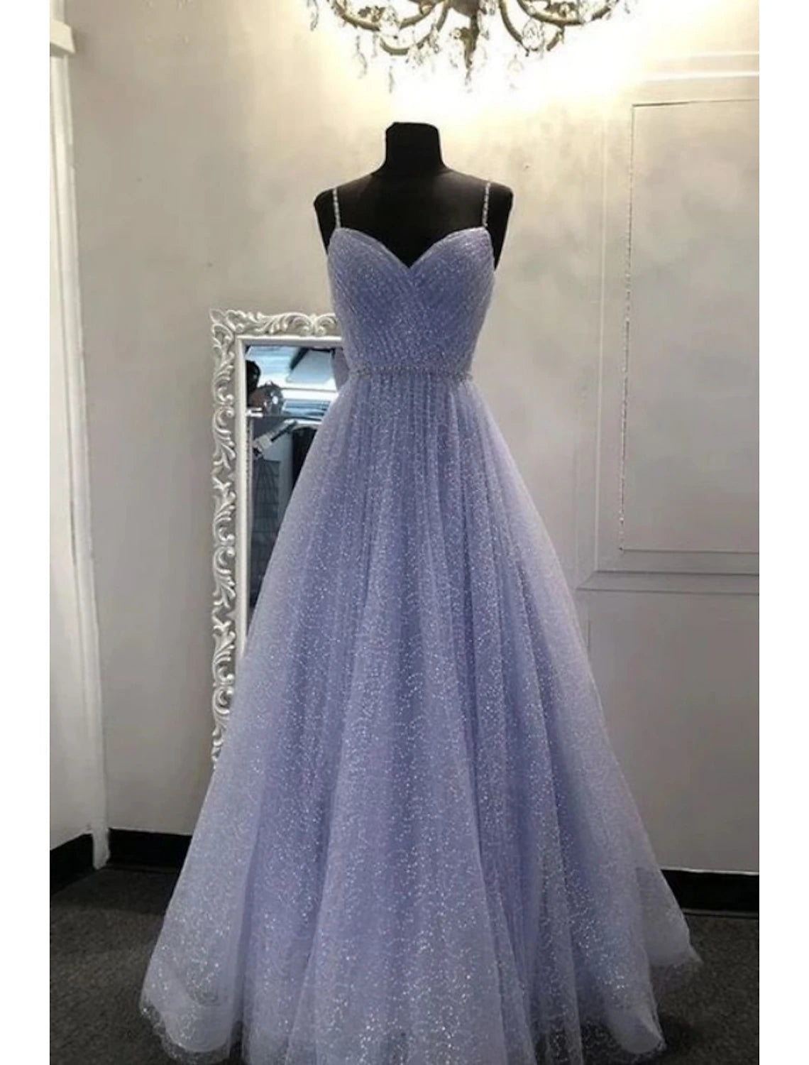 December Wedding Guest Dress A-Line Sparkle Shine Dress Floor Length Sleeveless Spaghetti Strap Tulle Glitter Crystals Prom Dresses