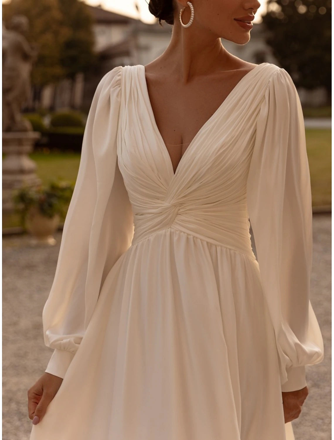 Fall November December Formal Wedding Dresses A-Line Deep V Neck Long Sleeve Court Train Chiffon Pleats Ruched Simple Formal Bridal Gowns