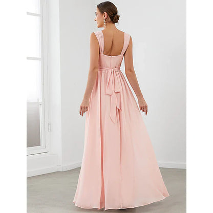 A-Line Bridesmaid Dress V Neck Sleeveless Vintage Floor Length Chiffon with Tier