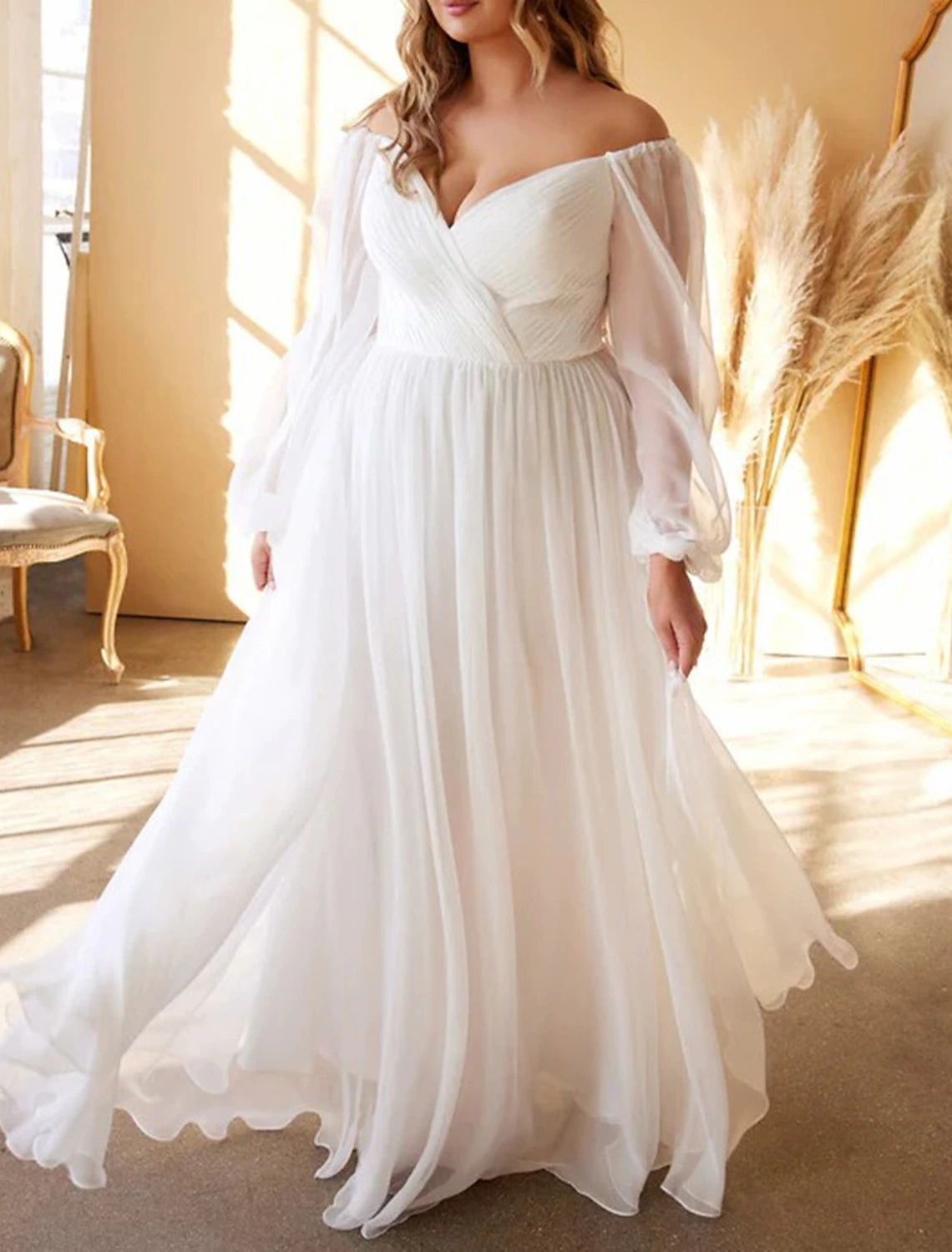 Fall November Wedding Dresses A-Line Off Shoulder Long Sleeve Floor Length Chiffon Pleats Solid Color Beach Casual Plus Size Bridal Gowns