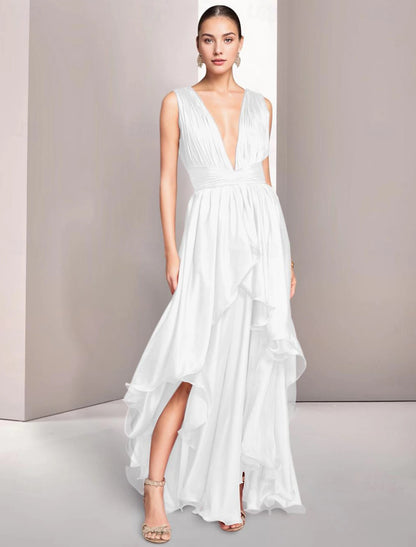 Prom Dresses A-Line Elegant Dress Formal Summer Asymmetrical Sleeveless Deep V Neck Chiffon Ruched December Wedding Guest Dress