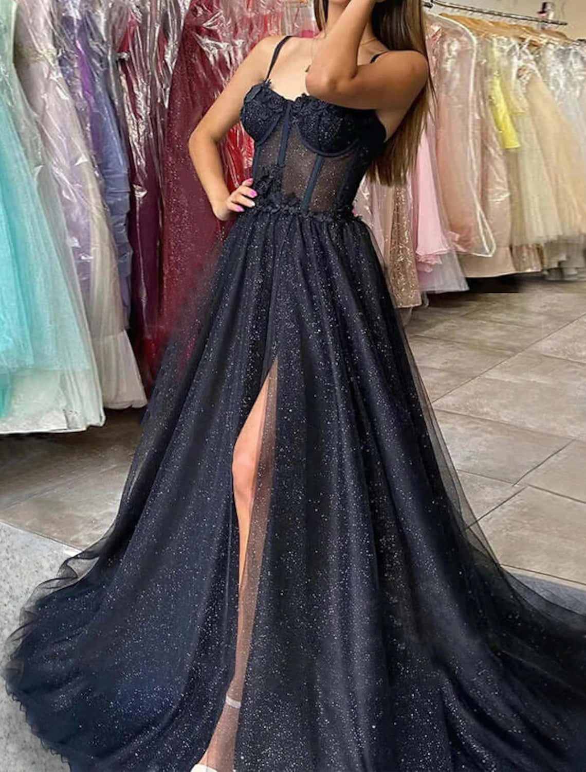 December Wedding Guest Dress A-Line Corsets Dress Wedding Floor Length Sleeveless Scoop Neck Tulle with Slit Prom Dresses