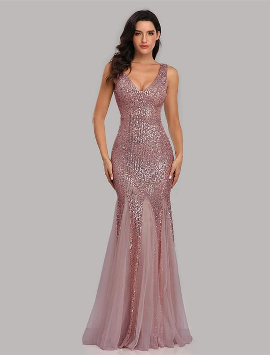 Sheath Mermaid Sleek Glitter Sparking Sequins Evening Dress Sleeveless Wedding Guest Gown  Floor Length  V Neck Prom Dress